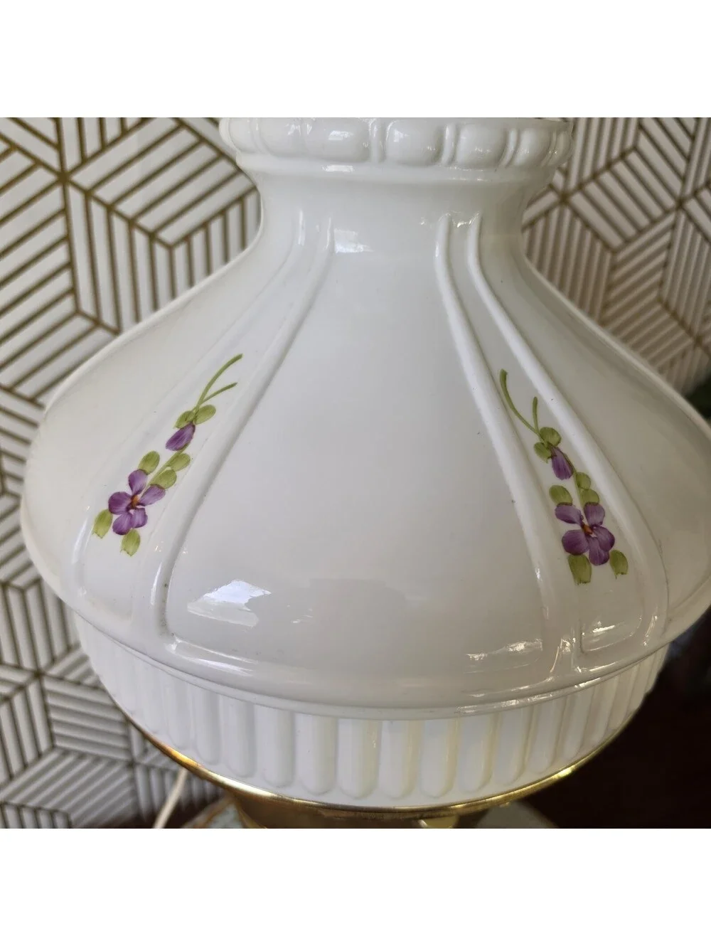Vintage Kerosene Oil Style Brass Lamp Mill Glass Shade Purple Floral Hong Kong
